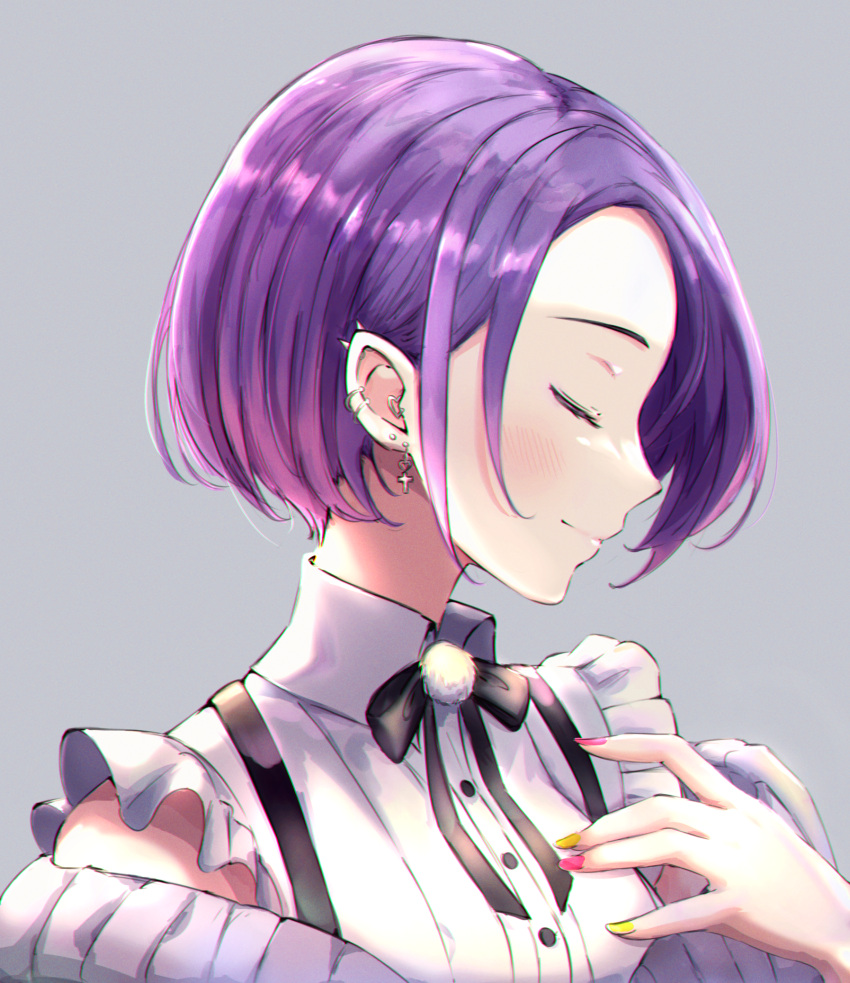 1girl bob_cut closed_eyes closed_mouth commentary_request ear_piercing earrings grey_background hand_on_own_chest highres hololive jewelry nail_polish piercing profile purple_hair short_hair simple_background solo tokoyami_towa upper_body virtual_youtuber zexalmike