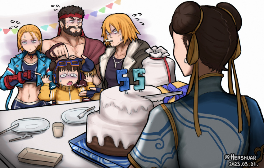 2boys 3girls abs beard birthday birthday_cake black_sports_bra blonde_hair blue-framed_eyewear blue_jacket brown_hair cake cammy_white caught china_dress chinese_clothes chun-li commentary dated double_bun dress english_commentary eyewear_on_head facial_hair food food_in_mouth glasses hair_bun hair_ribbon hershuar jacket ken_masters knife li-fen mother_and_daughter multiple_boys multiple_girls pendant_choker pointing pointing_at_another ribbon ryu_(street_fighter) scar scar_on_cheek scar_on_face short_hair sports_bra street_fighter street_fighter_6 stubble sweat sweating_profusely track_jacket wireless