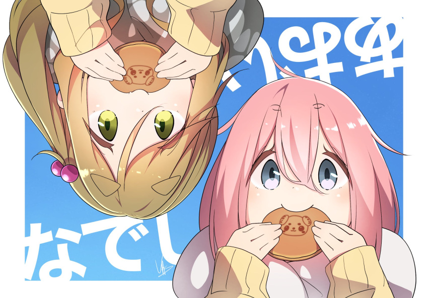 2girls blue_background blue_eyes border eating green_eyes green_hair hair_ornament highres inuyama_aoi jacket kagamihara_nadeshiko long_sleeves multiple_girls pink_hair upside-down white_border yasu_(pixiv) yellow_jacket yurucamp