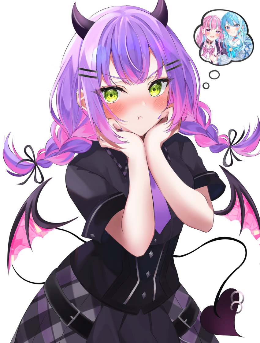 1girl :t bangs black_ribbon black_shirt blush closed_mouth commentary_request cowboy_shot demon_girl demon_horns demon_tail demon_wings eyelashes green_eyes hair_ornament hair_ribbon hairpin hands_on_own_cheeks hands_on_own_face hands_up heart heart_tail highres hololive horns ibuki_sho jealous long_hair looking_at_viewer low_twintails multicolored_hair necktie pout purple_hair purple_necktie ribbon shirt short_sleeves sidelocks simple_background skirt solo streaked_hair tail thought_bubble tokoyami_towa twintails v-shaped_eyebrows virtual_youtuber white_background wings