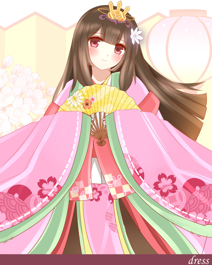 1girl absurdres blush brown_hair closed_mouth english_text floral_background flower folding_fan hair_flower hair_ornament hand_fan head_tilt headpiece highres hinamatsuri holding holding_fan japanese_clothes kimono long_hair long_sleeves looking_at_viewer non_(wednesday-classic) original pink_kimono red_eyes sleeves_past_wrists smile solo very_long_hair white_flower wide_sleeves