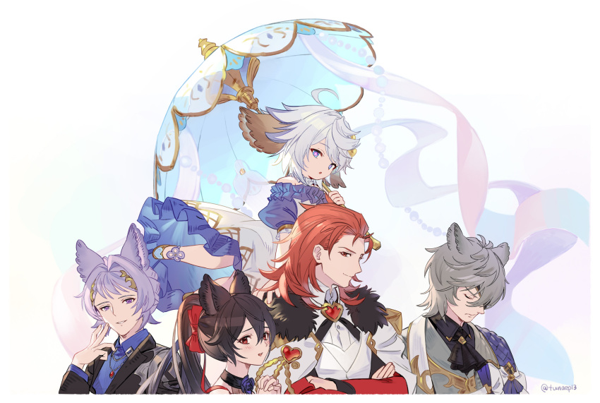 2girls 3boys ahoge ascot bags_under_eyes black_ascot black_hair blue_eyes braiding_hair choker closed_eyes coat crossed_arms erune feower_(granblue_fantasy) floating flower-shaped_pupils formal fur-trimmed_coat fur_trim granblue_fantasy grey_hair hair_intakes hairdressing harvin highres holding holding_umbrella jewelry long_hair multiple_boys multiple_girls necklace nehan_(granblue_fantasy) nier_(granblue_fantasy) one_eye_covered percival_(granblue_fantasy) ponytail purple_hair red_eyes redhead short_hair symbol-shaped_pupils umbrella wamdus_(granblue_fantasy) white_hair white_umbrella yhyh