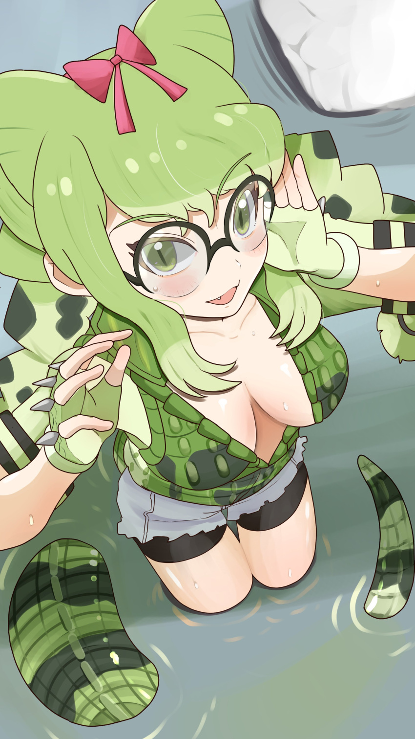 1girl absurdres bike_shorts bike_shorts_under_shorts black_hair blush bow braid collarbone commentary_request cutoffs denim denim_shorts fang fingerless_gloves glasses gloves green_eyes green_gloves green_hair green_shirt green_vest hair_bow highres kemono_friends lizard_tail long_hair multicolored_hair ookii_yama open_mouth partially_submerged red_bow reptile_girl scales shirt short_shorts short_sleeves shorts sidelocks solo spectacled_caiman_(kemono_friends) tail twin_braids vest wading