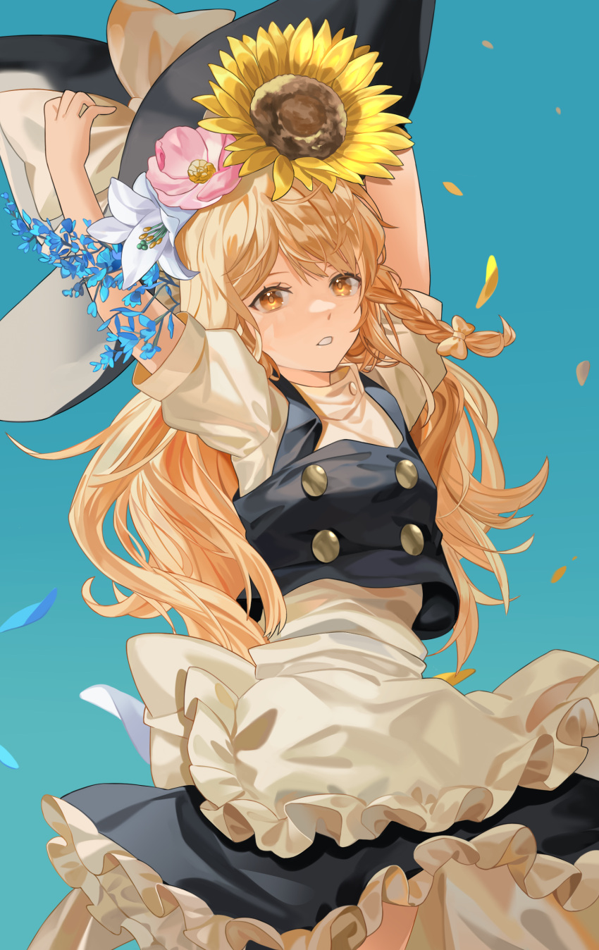 1girl absurdres apron aqua_background arms_up black_headwear black_skirt black_vest blonde_hair blue_flower bow braid commentary cowboy_shot flower frilled_apron frilled_skirt frills hat hat_bow highres kirisame_marisa lily_(flower) long_hair looking_at_viewer parted_lips petals pink_flower reki_(user_rcrd4534) shirt short_sleeves simple_background single_braid skirt solo sunflower touhou vest waist_apron white_apron white_bow white_flower white_shirt witch_hat yellow_eyes yellow_flower