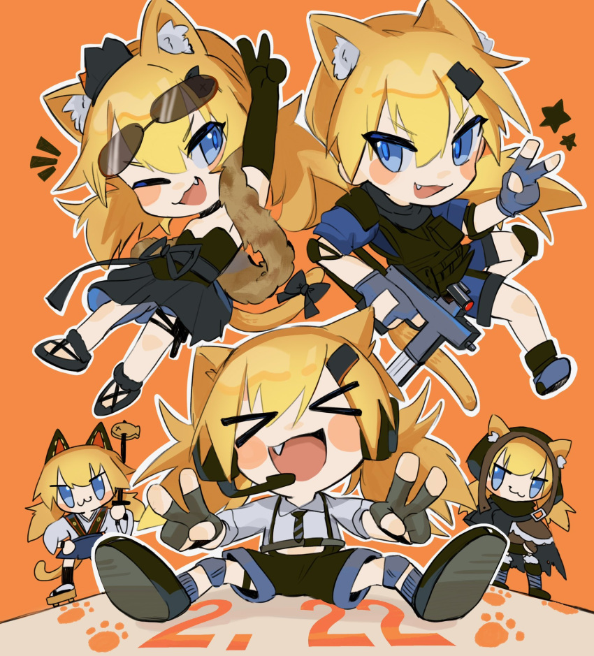 &gt;_&lt; 5girls :3 :d animal_ears black_dress blonde_hair blue_eyes blush_stickers cat_day cat_ears cat_tail chesed_(uporyz) chibi clone closed_eyes dress english_commentary eyewear_on_head fang fingerless_gloves girls_frontline gloves gun highres holding holding_gun holding_weapon idw_(cat_in_the_box)_(girls'_frontline) idw_(cloak_and_cat_ears)_(girls'_frontline) idw_(girls'_frontline) idw_(roly-poly_ninja_cat)_(girls'_frontline) mod3_(girls'_frontline) multiple_girls official_alternate_costume one_eye_closed open_mouth parker-hale_idw shorts smile sunglasses tail v weapon