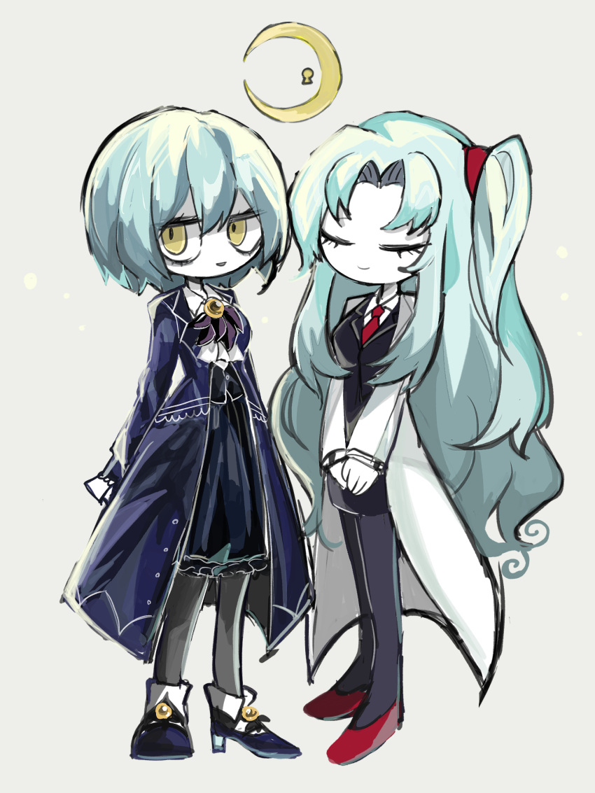 2girls angela_(project_moon) ascot bangs black_pantyhose black_vest blue_coat blue_footwear blue_hair blue_skirt breasts closed_eyes closed_mouth coat collared_shirt colored_skin commentary_request dual_persona frilled_sleeves frills grey_background hair_between_eyes hatosabure highres labcoat library_of_ruina lobotomy_corporation logo long_hair long_sleeves multiple_girls necktie no_nose open_clothes open_coat pantyhose parted_bangs parted_lips project_moon purple_ascot red_footwear red_necktie shirt shoes short_hair side_ponytail simple_background sketch skirt small_breasts smile vest white_shirt white_skin yellow_eyes