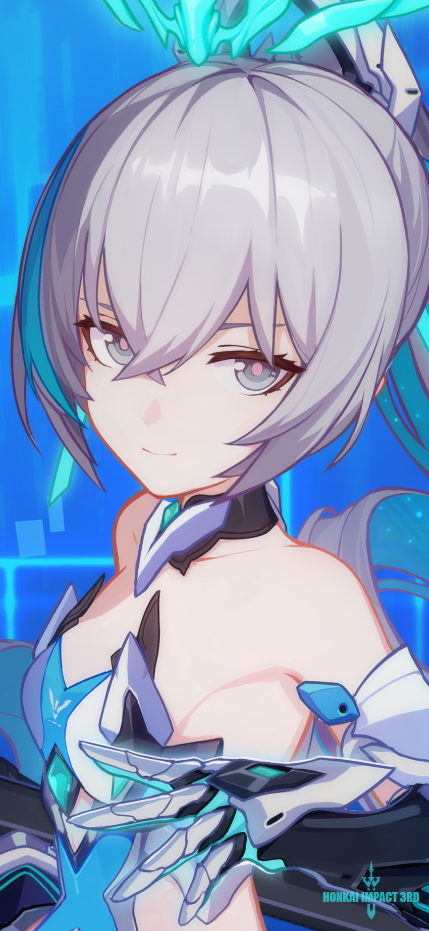 1girl armor armpits bangs bare_shoulders blue_background blue_hair breasts bronya_zaychik bronya_zaychik_(herrscher_of_truth) english_text grey_eyes grey_hair halo high_ponytail highres holding holding_weapon honkai_(series) honkai_impact_3rd multicolored_hair official_art official_wallpaper ponytail red_pupils small_breasts smile solo streaked_hair upper_body weapon