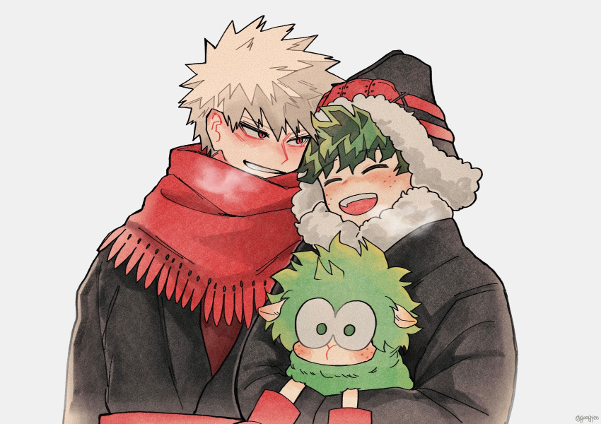 2boys animal animalization bakugou_katsuki black_coat black_headwear blonde_hair blush boku_no_hero_academia breath closed_eyes clothed_animal coat commentary_request freckles fur-trimmed_coat fur-trimmed_headwear fur_trim gaagyeo green_eyes green_hair hat highres holding holding_animal korean_commentary male_focus midoriya_izuku multiple_boys open_mouth red_eyes red_scarf scarf sheep short_hair simple_background smile spiky_hair upper_body white_background winter_clothes