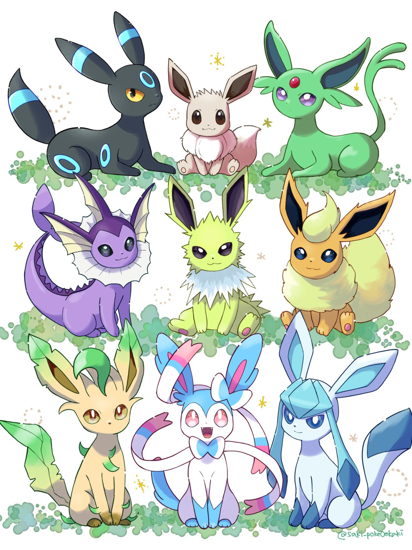 :3 :d alternate_color artist_name blue_eyes bright_pupils brown_eyes closed_mouth commentary_request eevee espeon evolutionary_line fangs flareon forehead_jewel gem glaceon highres jolteon leafeon looking_at_viewer no_humans open_mouth pink_eyes pokemon pokemon_(creature) saki_pokeoekaki shiny_pokemon simple_background sitting smile sparkle sylveon twitter_username umbreon vaporeon violet_eyes white_background white_pupils yellow_eyes