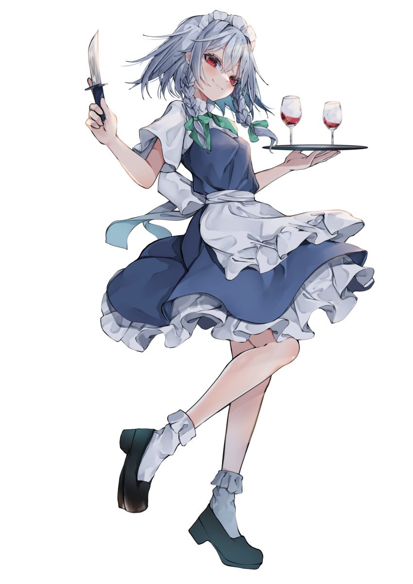 1girl absurdres alcohol apron bangs blue_dress braid breasts cup dress drinking_glass full_body grey_hair hair_between_eyes hair_ribbon highres holding holding_knife holding_tray izayoi_sakuya knife looking_at_viewer maid_headdress medium_breasts ribbon short_hair_with_long_locks simple_background smile solo standing standing_on_one_leg throwing_knife touhou tray tress_ribbon tsune_(tune) twin_braids waist_apron weapon white_background wine wine_glass