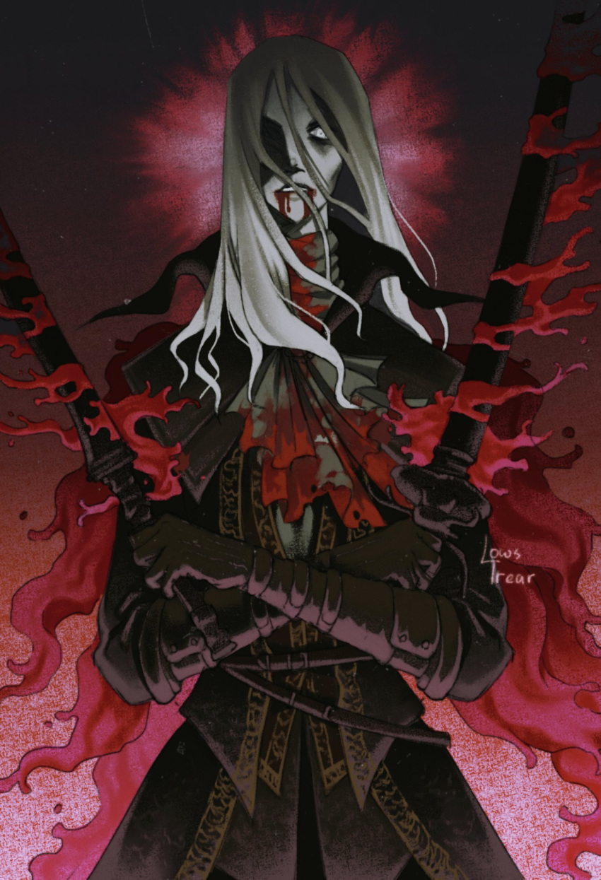 1girl artist_name ascot blonde_hair blood blood_from_mouth blood_on_clothes blood_on_face blood_on_weapon bloodborne coat double-blade dual_wielding gem hair_over_one_eye highres holding lady_maria_of_the_astral_clocktower long_hair looking_at_viewer lowstrear one_eye_covered rakuyo_(bloodborne) solo sword weapon white_eyes