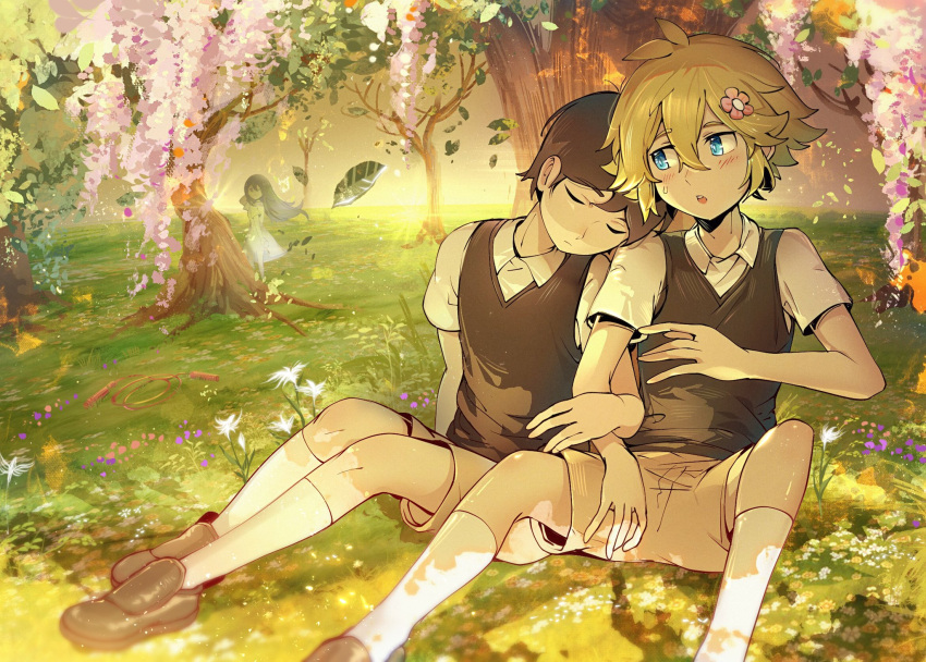 1girl 2boys basil_(omori) black_hair black_sweater_vest blonde_hair blue_eyes blush brown_footwear brown_shorts closed_eyes closed_mouth collared_shirt day flower hair_flower hair_ornament highres kneehighs loafers looking_at_another mari_(omori) multiple_boys omori outdoors parted_lips shirt shoes short_hair short_sleeves shorts sitting sleeping socks spoilers sunny_(omori) sweater_vest tree white_shirt white_socks zs_zealsummer