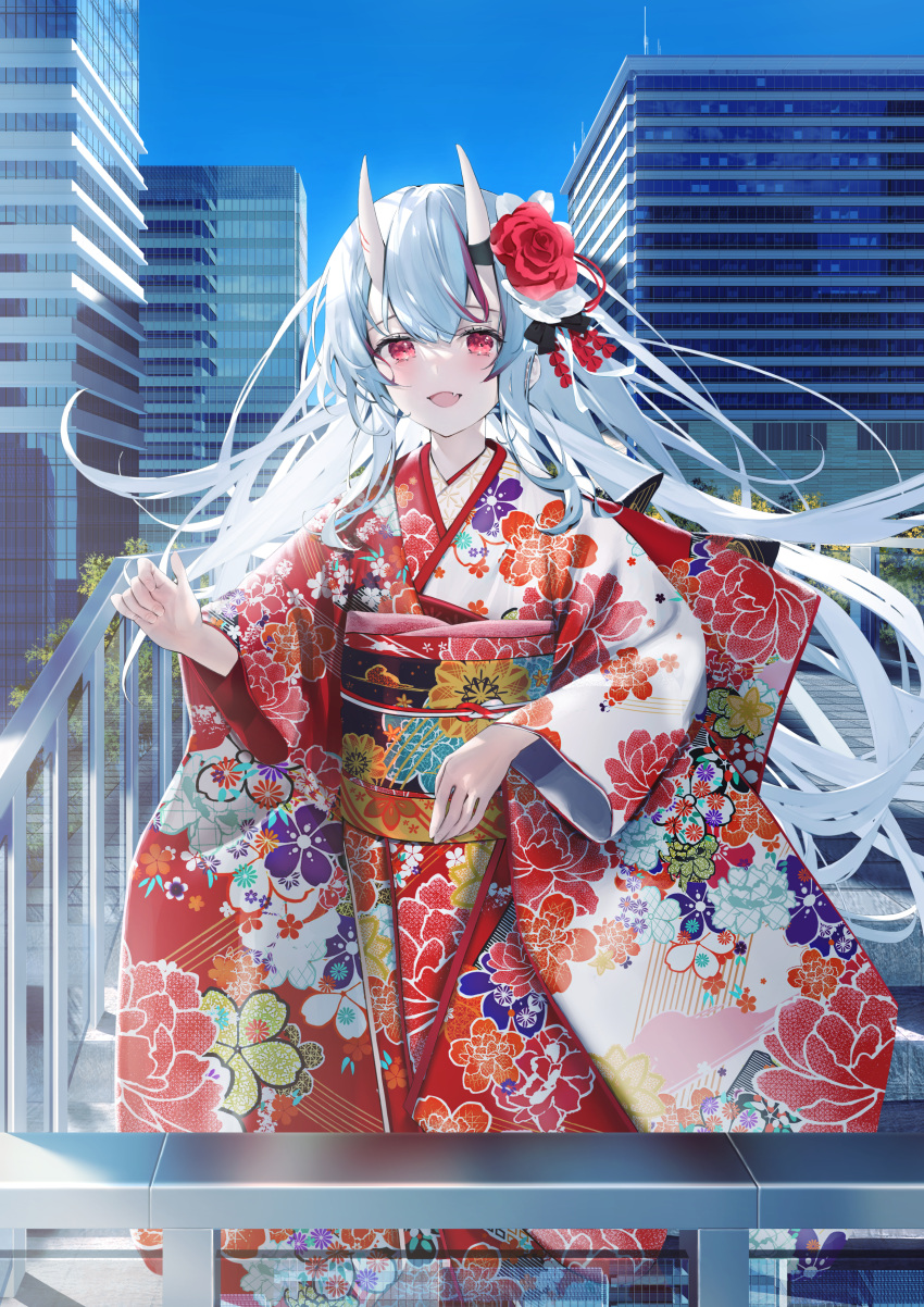 1girl :d absurdres bangs blue_background blue_sky building daitai_sotogawa_(futomomo) day fang floral_print flower grey_hair hair_between_eyes hair_flower hair_ornament highres hololive horns japanese_clothes kimono long_sleeves looking_at_viewer multicolored_hair nakiri_ayame obi oni oni_horns outdoors print_kimono railing red_eyes red_flower red_kimono red_rose redhead rose sash sky smile solo streaked_hair virtual_youtuber white_kimono wide_sleeves
