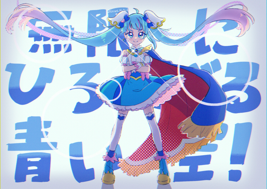 1girl ahoge armband background_text bangs blue_cape blue_dress blue_eyes blue_footwear blue_hair cape closed_mouth commentary cure_sky cut_bangs diffraction_spikes dress earrings frilled_dress frills fringe_trim gunbuster_pose hirogaru_sky!_precure jewelry kill_la_kill long_hair looking_at_viewer multicolored_hair pink_hair precure red_cape shoes short_dress sleeveless sleeveless_dress smile solo sora_harewataru standing streaked_hair thigh-highs translated twintails twitter_username two-sided_cape two-sided_fabric usiusi_nanas very_long_hair white_thighhighs wind wing_hair_ornament