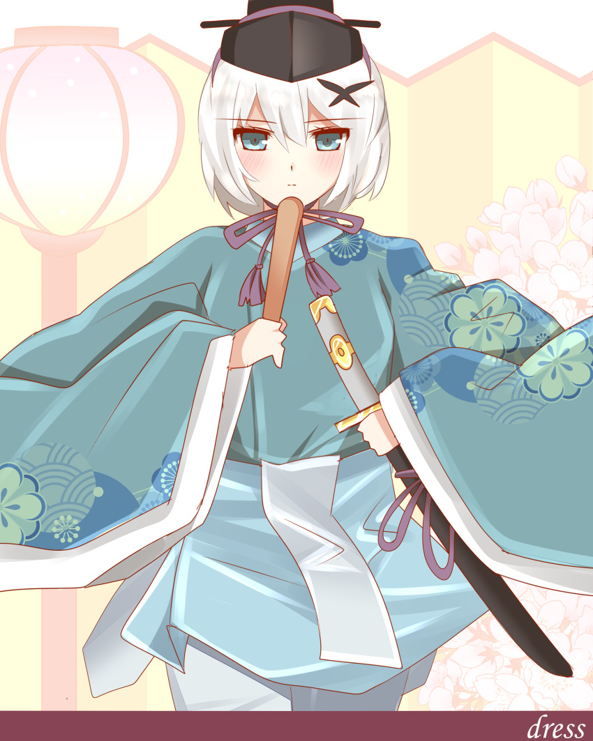 1girl absurdres bangs black_headwear blue_eyes blue_kimono blush butterfly_hair_ornament closed_mouth english_text floral_background floral_print grey_hair hair_between_eyes hair_ornament highres hinamatsuri holding holding_sheath japanese_clothes kimono long_sleeves looking_at_viewer non_(wednesday-classic) original sheath sheathed solo sword weapon wide_sleeves