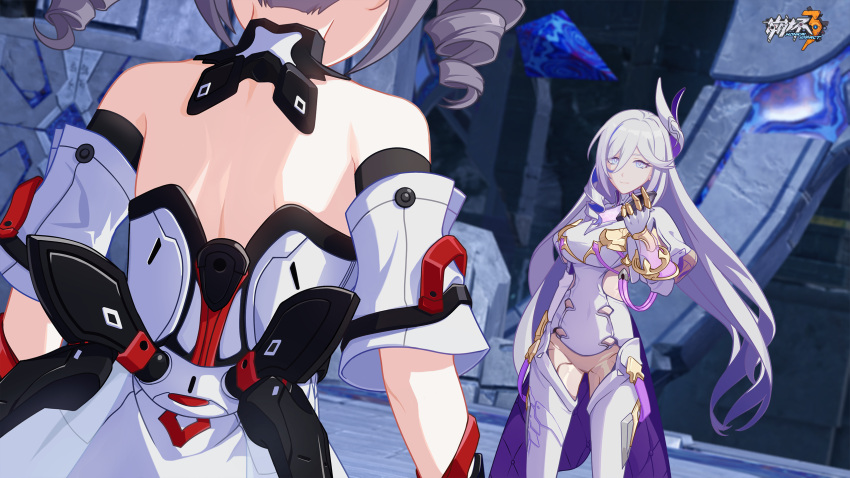 2girls back bangs bare_shoulders bronya_zaychik drill_hair grey_hair hare_(honkai_impact) highres holding honkai_(series) honkai_impact_3rd looking_at_another multiple_girls official_alternate_costume official_art official_wallpaper smile solo solo_focus standing upper_body white_hair