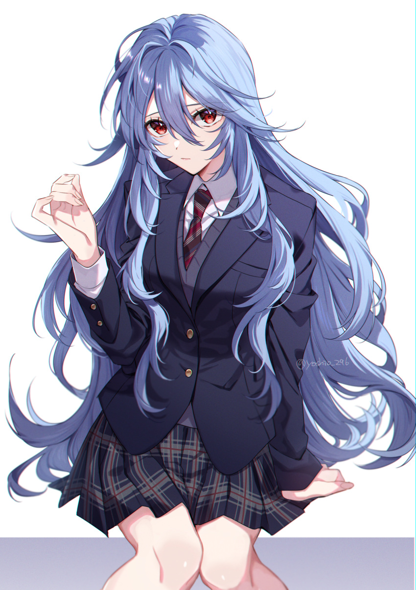 1girl alternate_hairstyle ayanami_rei bangs black_skirt blue_hair blue_jacket collared_shirt evangelion:_3.0+1.0_thrice_upon_a_time grey_sweater hair_between_eyes highres jacket long_hair long_sleeves looking_at_viewer messy_hair miniskirt necktie neon_genesis_evangelion plaid plaid_skirt pleated_skirt rebuild_of_evangelion red_eyes school_uniform shirt sitting skirt solo straight_hair striped_necktie sweater twitter_username very_long_hair white_shirt wing_collar yoshio_296