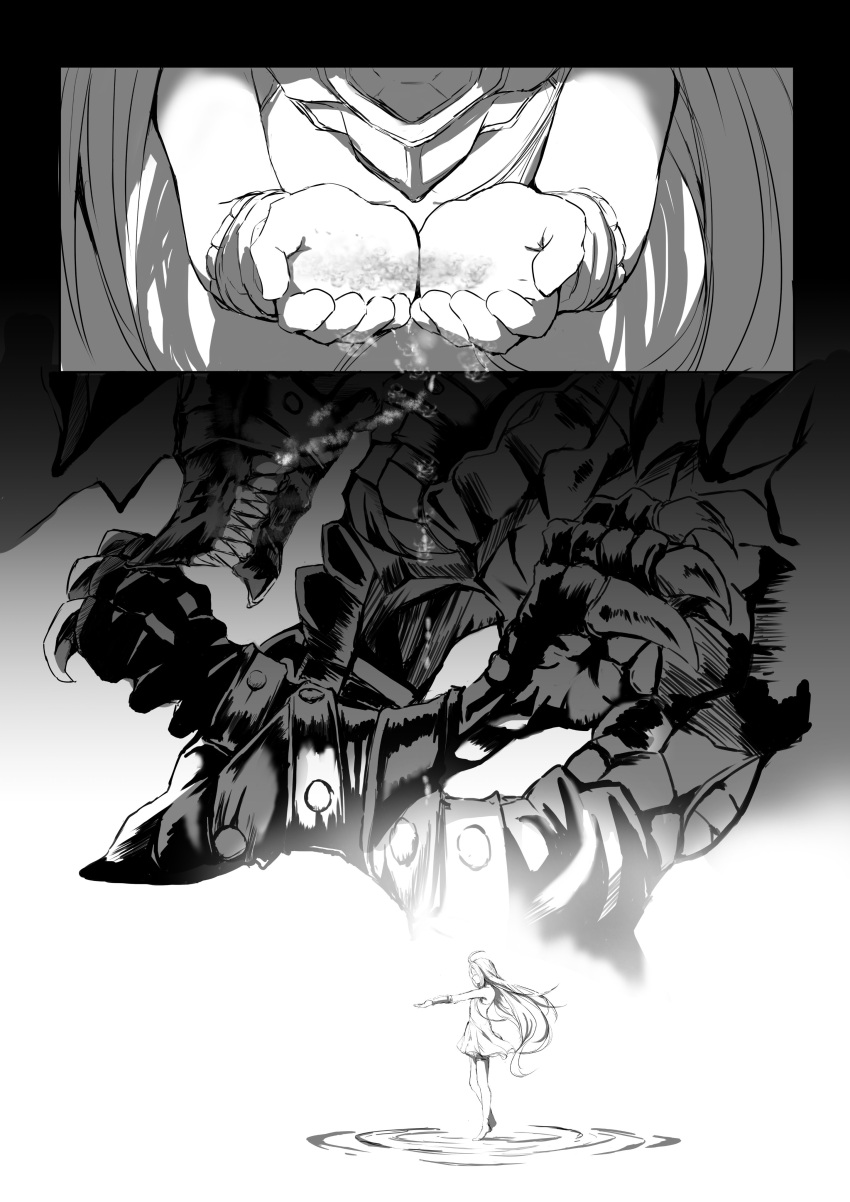 1girl absurdres claws dragon dress endakn3 gauntlets granblue_fantasy highres long_hair lyria_(granblue_fantasy) monochrome own_hands_together proto_bahamut_(granblue_fantasy) sharp_teeth teeth very_long_hair white_dress