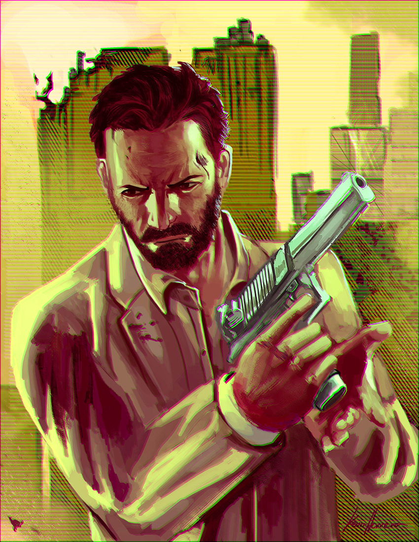 1boy absurdres beard blood blood_on_clothes brown_eyes brown_facial_hair brown_hair building buttons chromatic_aberration city collared_shirt commentary desert_eagle dress_shirt english_commentary facial_hair forehead gun handgun highres holding holding_gun holding_weapon jacket lapels long_sleeves looking_to_the_side male_focus mature_male max_payne max_payne_(series) mustache open_clothes open_collar open_jacket partially_unbuttoned scanlines scar scar_on_face scar_on_forehead serious shirt short_hair signature solo suit_jacket superhermit unbuttoned upper_body very_short_hair weapon white_jacket white_shirt yellow_background