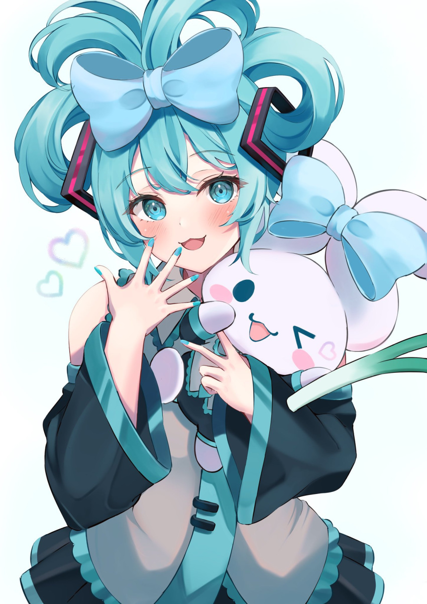 &gt;_o 1girl :3 bangs black_skirt black_sleeves blue_bow blush bow cinnamiku cinnamoroll commentary detached_sleeves eyelashes facing_viewer finger_to_mouth green_eyes green_hair green_nails green_necktie hair_between_eyes hair_bow hand_up hatsune_miku head_tilt heart highres ibuki_sho long_hair long_sleeves looking_at_viewer miniskirt nail_polish necktie one_eye_closed open_mouth pleated_skirt sanrio sidelocks simple_background skirt smile solo spread_fingers spring_onion straight-on twintails upper_body v vocaloid white_background wide_sleeves