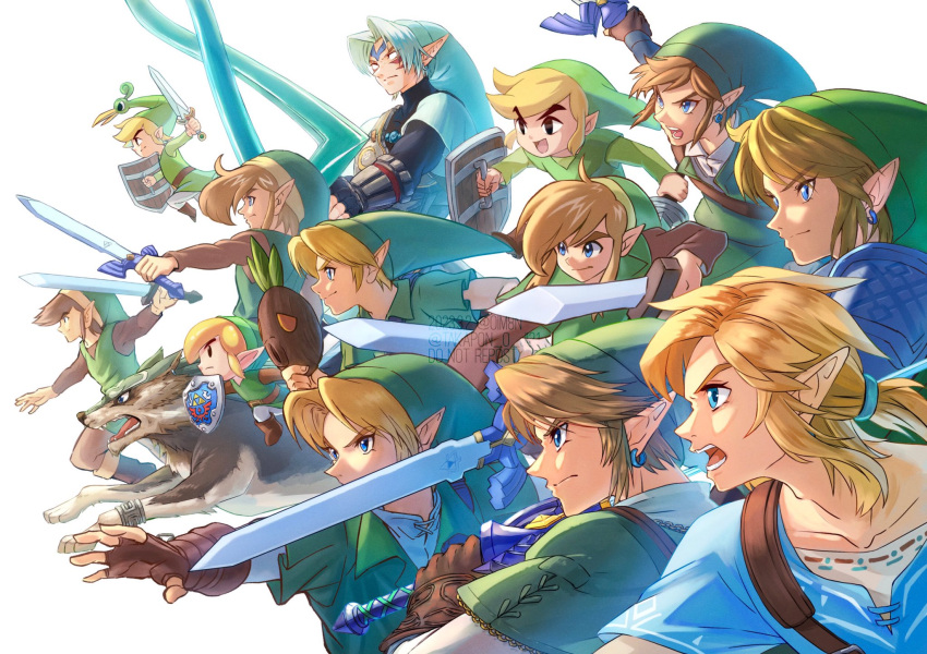 6+boys attack blue_eyes brown_hair commentary commentary_request english_commentary fingerless_gloves gloves green_headwear highres holding holding_shield holding_sword holding_weapon link male_focus master_sword mixed-language_commentary multiple_boys oim8n shield simple_background sword the_legend_of_zelda the_legend_of_zelda:_breath_of_the_wild the_legend_of_zelda:_majora's_mask the_legend_of_zelda:_ocarina_of_time the_legend_of_zelda:_skyward_sword the_legend_of_zelda:_the_wind_waker the_legend_of_zelda:_twilight_princess weapon white_background white_hair wolf_link young_link