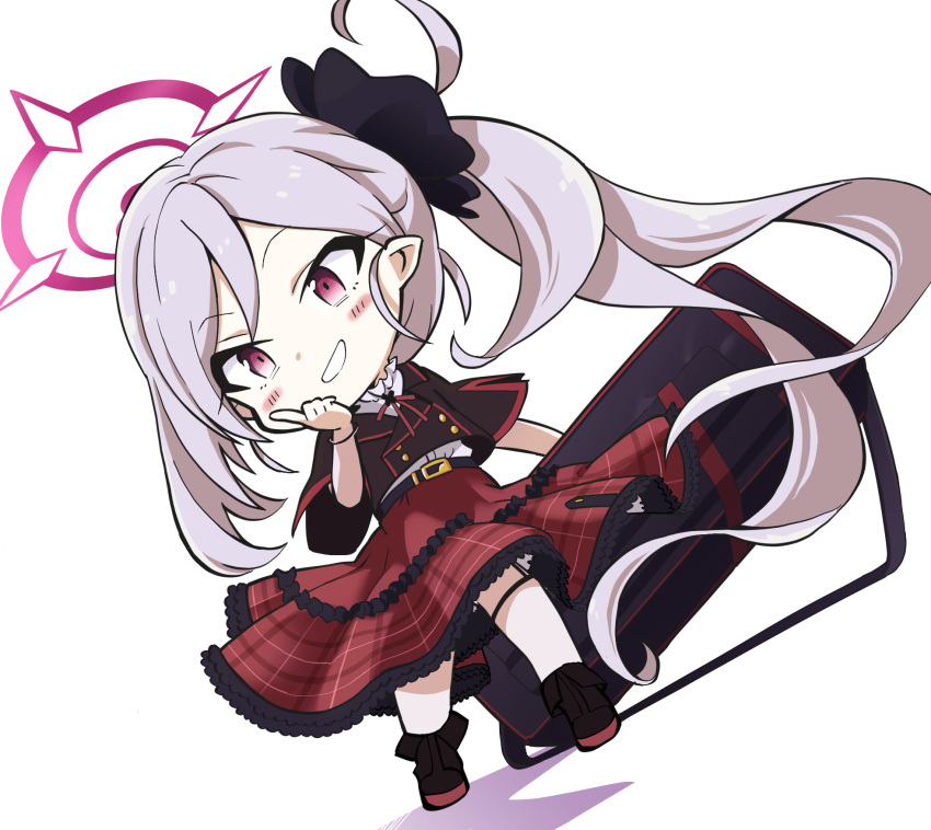 1girl :d aibu_yue bag bangs blue_archive blush_stickers bow bowtie chibi commentary_request finger_to_mouth full_body grey_hair grin hair_ornament halo highres holding holding_bag index_finger_raised long_hair looking_at_viewer mutsuki_(blue_archive) parted_bangs partial_commentary plaid plaid_skirt pointy_ears red_eyes school_uniform short_sleeves side_ponytail sidelocks simple_background skirt smile solo standing white_background