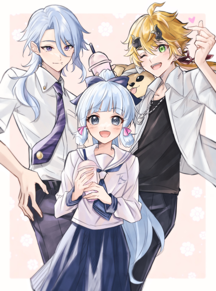 1girl 2boys :d ;d absurdres ahoge alternate_costume bangs black_pants black_shirt blonde_hair blue_bow blue_eyes blue_hair blue_necktie blue_skirt blunt_bangs blush border bow breast_pocket closed_mouth collared_shirt commentary_request cup disposable_cup dog dog_tags drinking_straw eyelashes fake_horns genshin_impact green_eyes hair_between_eyes hair_bow hair_over_shoulder hand_on_hip hand_up headband heart high_ponytail highres holding holding_cup horned_headwear horns jewelry kamisato_ayaka kamisato_ayato long_hair long_sleeves looking_at_viewer low_ponytail mizuamememe mole mole_under_mouth multiple_boys necklace necktie one_eye_closed open_clothes open_mouth open_shirt outside_border pants parted_bangs pink_background pleated_skirt pocket ponytail purple_necktie sailor_collar sailor_shirt school_uniform shiba_inu shirt shirt_tucked_in short_necktie short_sleeves sidelocks simple_background skirt sleeve_cuffs smile swept_bangs taroumaru_(genshin_impact) teeth thoma_(genshin_impact) upper_teeth_only very_long_hair violet_eyes white_border white_sailor_collar white_shirt wing_collar