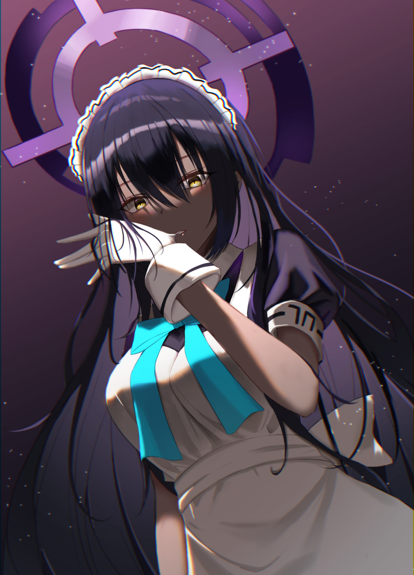 1girl absurdres adjusting_clothes adjusting_gloves apron bangs black_hair blue_archive blue_bow blue_bowtie bow bowtie dark dark-skinned_female dark_skin dutch_angle gloves hair_between_eyes halo highres karin_(blue_archive) light_particles long_bangs long_hair looking_at_viewer maid maid_apron maid_headdress okey puffy_short_sleeves puffy_sleeves short_sleeves solo upper_body white_apron white_gloves wrist_cuffs