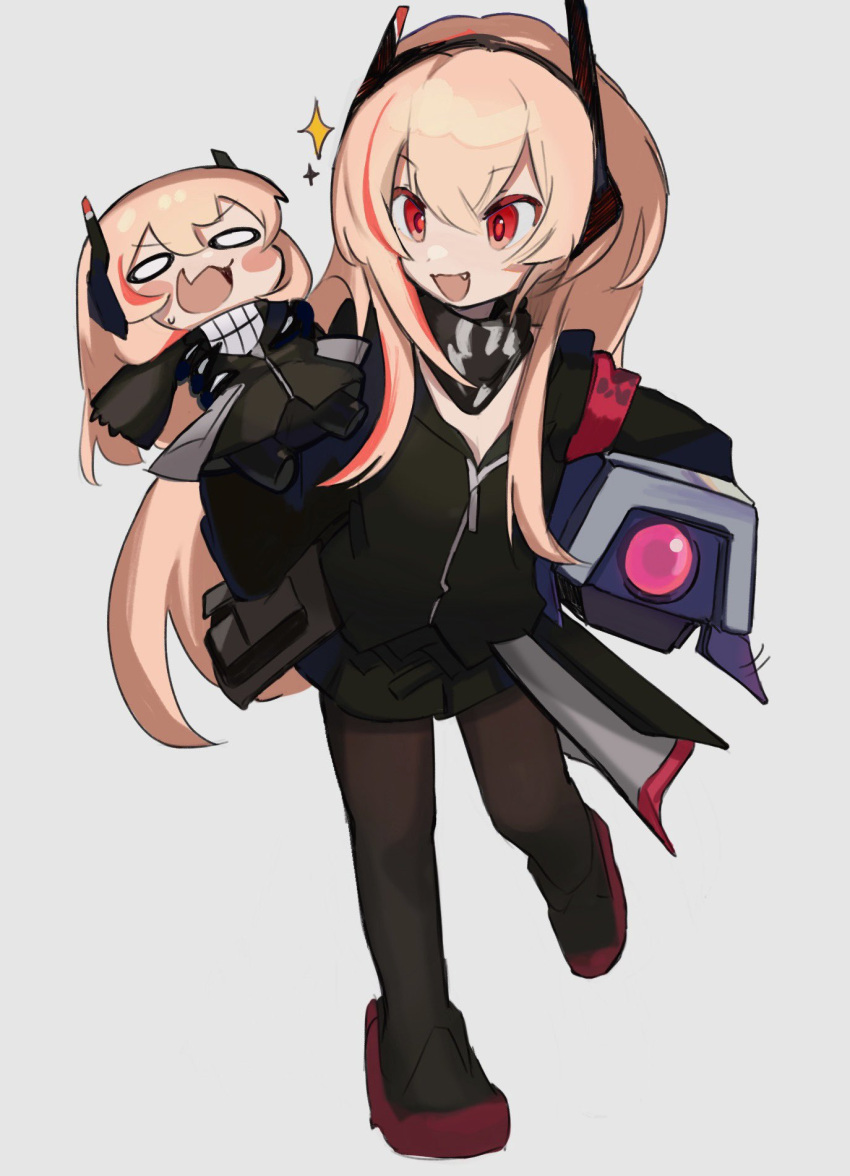 2girls :d armband black_jacket black_skirt blank_eyes blonde_hair blush_stickers carrying carrying_person chesed_(uporyz) chibi commentary_request dinergate_(girls'_frontline) fang full_body girls_frontline grey_background hair_between_eyes headset highres jacket long_hair looking_at_another m4_sopmod_ii_(girls'_frontline) m4_sopmod_ii_jr multicolored_hair multiple_girls o_o open_mouth pantyhose red_armband red_eyes redhead scarf simple_background skin_fang skirt smile streaked_hair very_long_hair