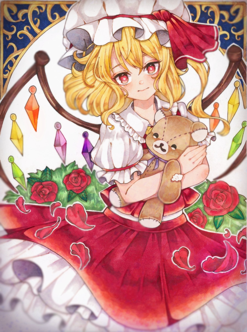 1girl bangs blonde_hair blush bright_pupils closed_mouth expressionless flandre_scarlet flower frilled_shirt_collar frills hair_between_eyes hat highres looking_at_viewer medium_hair miyabiii_oekaki mob_cap one_side_up outline petals puffy_short_sleeves puffy_sleeves red_eyes red_flower red_rose red_skirt red_vest revision rose rose_petals short_sleeves skirt skirt_set solo stuffed_animal stuffed_toy teddy_bear touhou traditional_media vest white_outline white_pupils wings