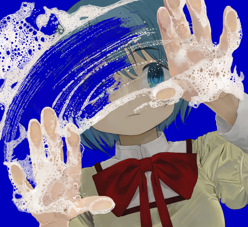 1girl absurdres against_fourth_wall bangs blue_background blue_eyes blue_hair bow bowtie collared_shirt dissolving dutch_angle expressionless hand_on_glass hands_up highres juliet_sleeves light_frown long_sleeves looking_at_viewer mahou_shoujo_madoka_magica mihifu miki_sayaka mitakihara_school_uniform one_eye_covered pale_skin puffy_sleeves red_bow red_bowtie school_uniform shirt short_hair simple_background soap_bubbles solo wiping yellow_shirt