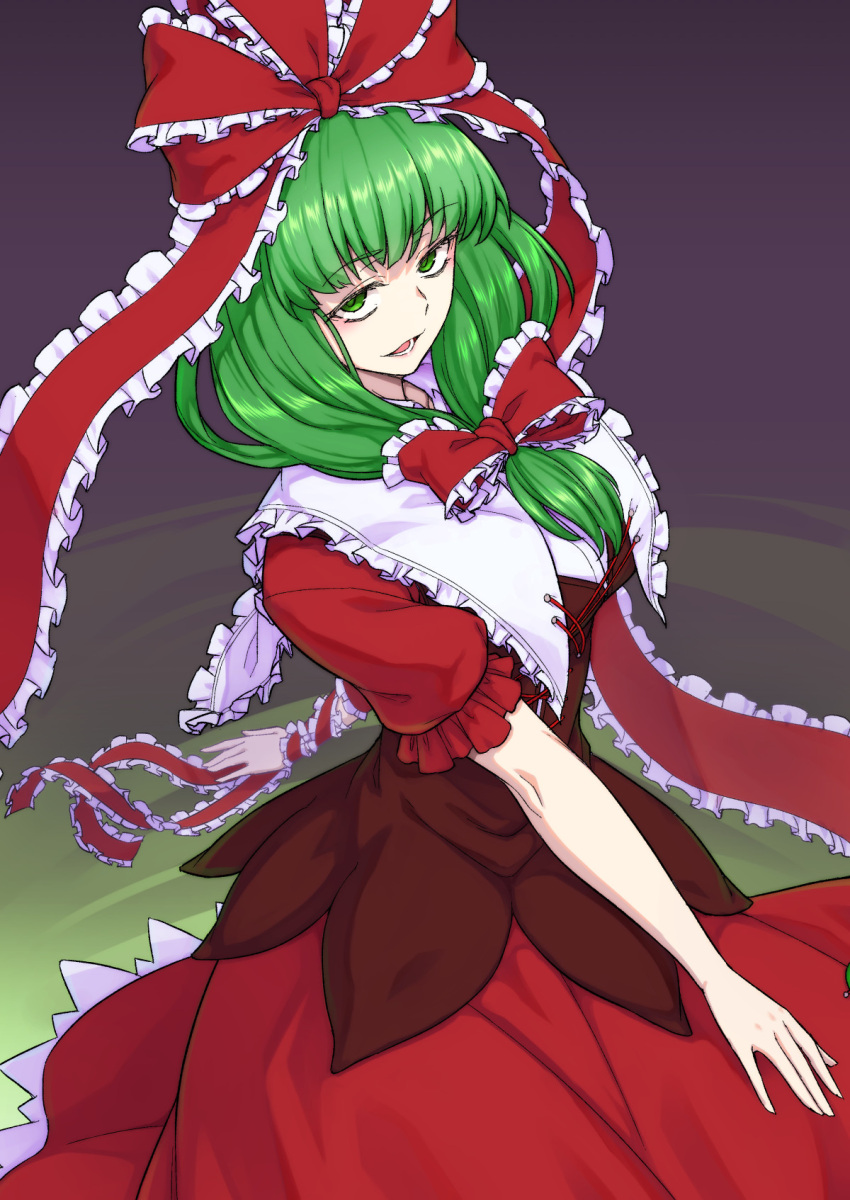 1girl \||/ bangs blunt_bangs bow brown_dress dress frills from_above front_ponytail green_eyes green_hair hair_ribbon half-closed_eyes highres kagiyama_hina kakone long_hair lower_teeth_only mountain_of_faith open_mouth red_dress ribbon simple_background smile solo teeth touhou upturned_eyes