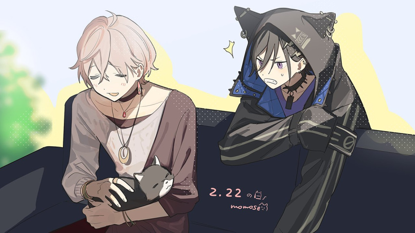 2boys :d =_= ^^^ animal animal_hood armband bangs black_armband black_cat black_choker black_collar black_hair black_jacket black_undershirt blurry blurry_background blush bracelet brown_coat cat cat_day cat_hood choker clenched_teeth coat collar couch cowboy_shot crossed_bangs ear_piercing earrings hair_between_eyes hair_ornament hairclip hand_on_own_arm holding holding_animal holding_cat holostars hood hood_up hooded_jacket jacket jealous jewelry kanade_izuru lightning_bolt_hair_ornament lightning_bolt_symbol looking_at_another momose_(oqo) multiple_boys necklace open_clothes open_jacket pendant piercing pink_hair plant purple_shirt rikka_(holostars) ring shirt short_hair single_earring single_sleeve sitting sleeves_past_wrists smile spiked_collar spikes sweatdrop sweater teeth upper_body violet_eyes virtual_youtuber white_sweater