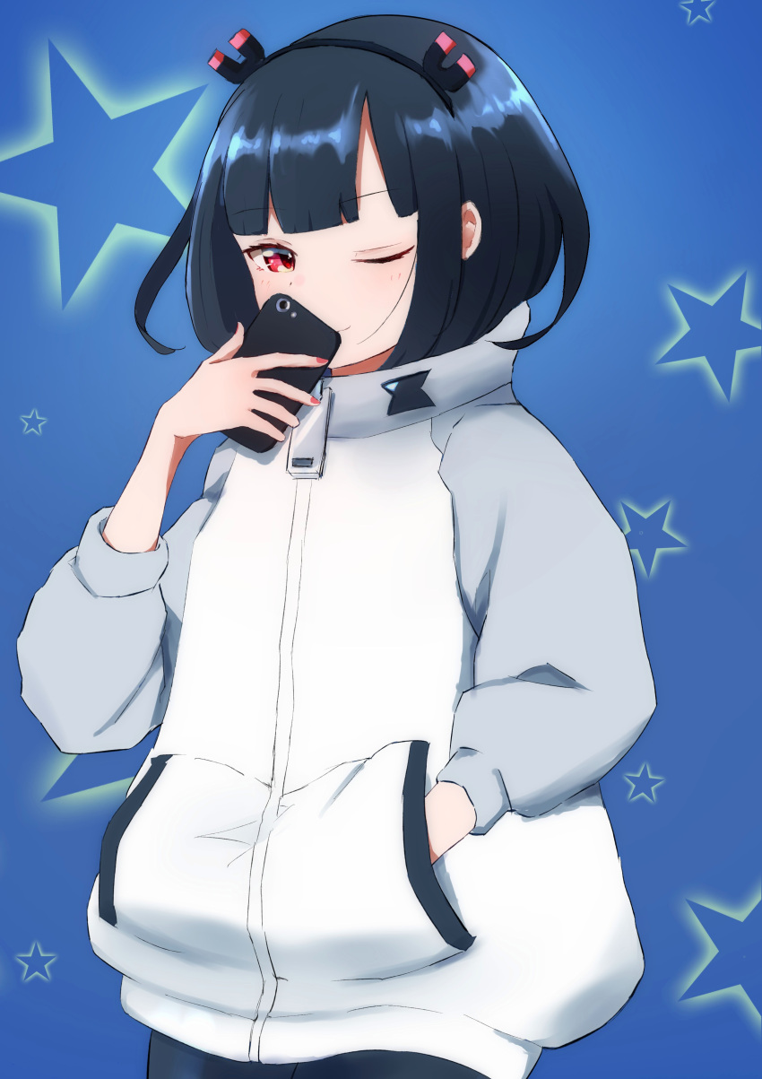 1girl absurdres bangs black_hair black_hairband blue_background blunt_bangs capo1_1 cellphone commentary_request covering_face grey_jacket hairband half-closed_eyes hand_in_pocket hand_up high_collar highres holding holding_phone jacket jitomi_monoe long_sleeves looking_at_viewer magnet one_eye_closed phone puffy_sleeves red_eyes red_nails simple_background smartphone smile solo standing star_(symbol) starry_background upper_body virtual_youtuber voms white_jacket zipper_pull_tab