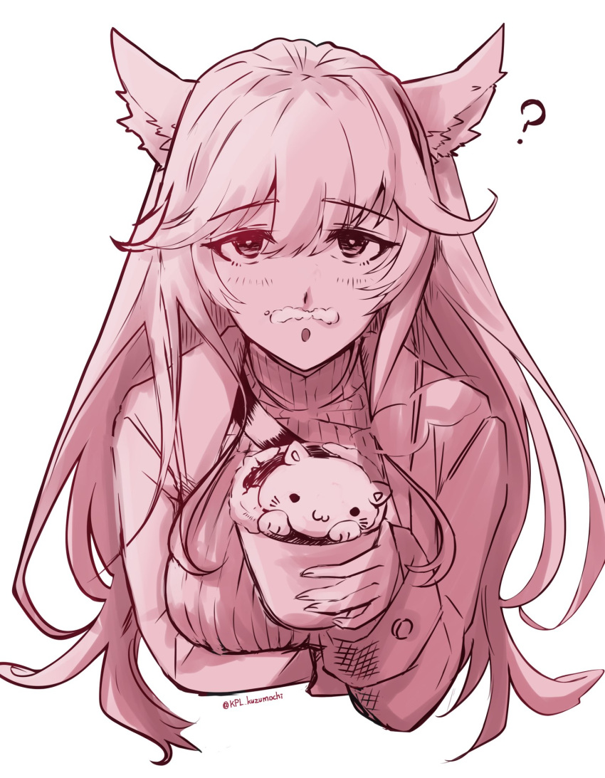 1girl ? animal_ears arm_under_breasts breasts coffee coffee_mug commentary_request cup foam_mustache girls'_frontline_neural_cloud girls_frontline hair_between_eyes highres holding holding_cup jacket kpl_kuzumochi large_breasts latte_art long_hair looking_at_viewer monochrome mug open_mouth persicaria_(girls'_frontline_nc) ribbed_sweater simple_background solo sweater twitter_username upper_body white_background