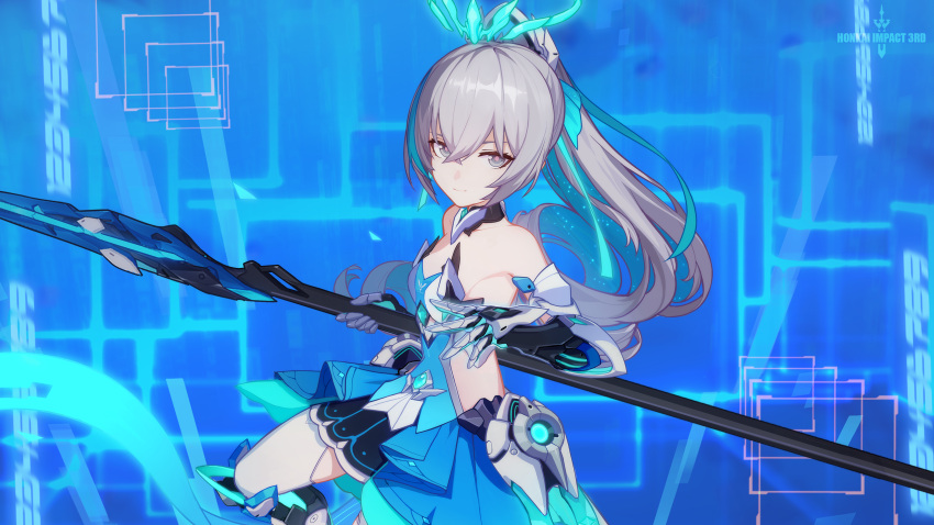 1girl armor armpits bangs bare_shoulders blue_background blue_hair breasts bronya_zaychik bronya_zaychik_(herrscher_of_truth) drill_hair english_text grey_eyes grey_hair halo highres holding holding_weapon honkai_(series) honkai_impact_3rd multicolored_hair official_art official_wallpaper ponytail red_pupils small_breasts smile solo streaked_hair upper_body weapon