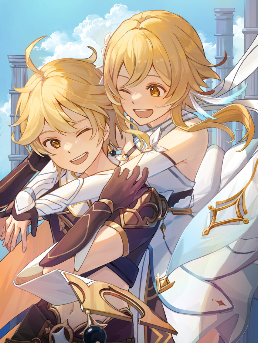 1boy 1girl ;d aether_(genshin_impact) ahoge arms_around_neck bare_shoulders black_gloves black_shirt blonde_hair blue_sky brother_and_sister building clouds crop_top crossed_wrists day detached_sleeves dress earrings feather_hair_ornament feathers genshin_impact gloves gold_trim hair_ornament happy highres hug hug_from_behind jewelry looking_at_another looking_at_viewer lumine_(genshin_impact) midriff navel one_eye_closed open_mouth outdoors partially_fingerless_gloves scarf shirt short_hair short_hair_with_long_locks short_sleeves siblings sidelocks sky sleeveless sleeveless_dress smile sonota1616 teeth upper_body upper_teeth_only white_dress white_scarf white_sleeves wrist_guards yellow_eyes
