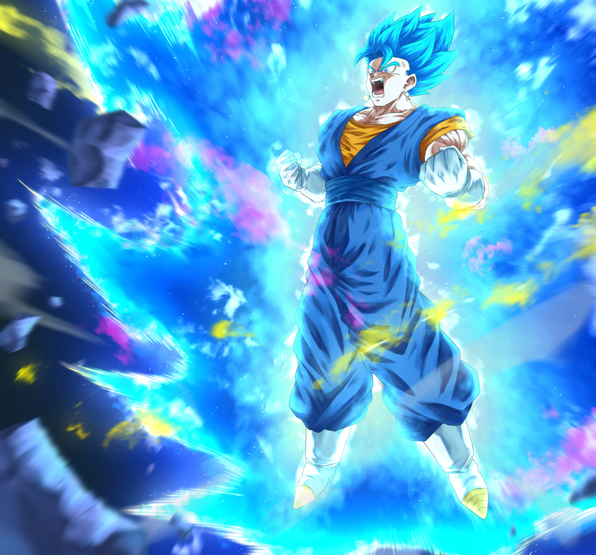 1boy absurdres aura blue_eyes blue_hair boots clenched_hands commentary_request dragon_ball dragon_ball_super earrings floating full_body furrowed_brow gloves highres jewelry male_focus motion_blur muscular muscular_male open_mouth papita_pochi potara_earrings solo super_saiyan super_saiyan_blue vegetto white_footwear white_gloves