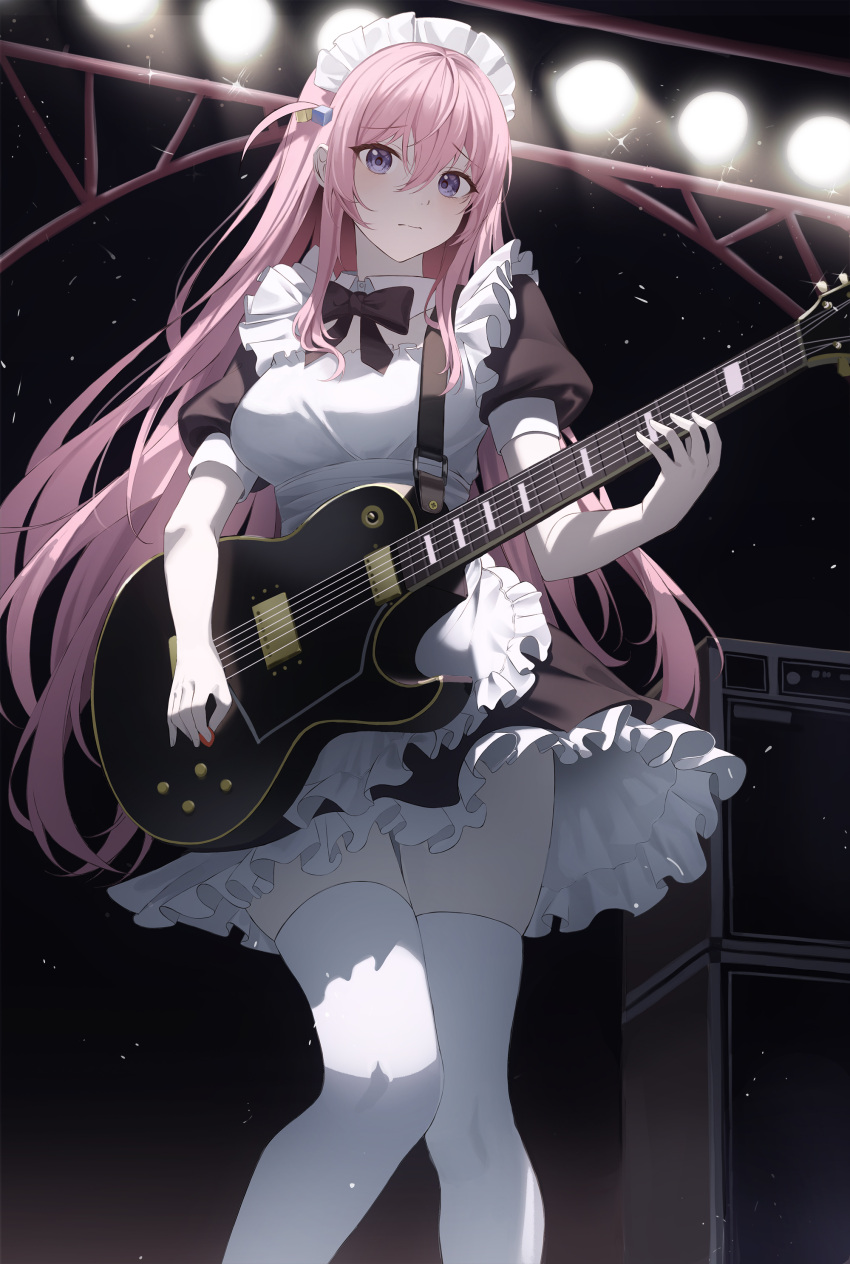 1girl absurdres alternate_costume apron bangs black_bow black_dress blue_eyes bocchi_the_rock! bow closed_mouth cube_hair_ornament dress electric_guitar enmaided frilled_apron frilled_dress frills gibson_les_paul gotou_hitori guitar hair_between_eyes hair_ornament highres holding holding_instrument instrument long_hair looking_at_viewer maid maid_apron maid_headdress music nacho_(nacho_1103) one_side_up pink_hair playing_instrument solo thigh-highs white_apron white_thighhighs