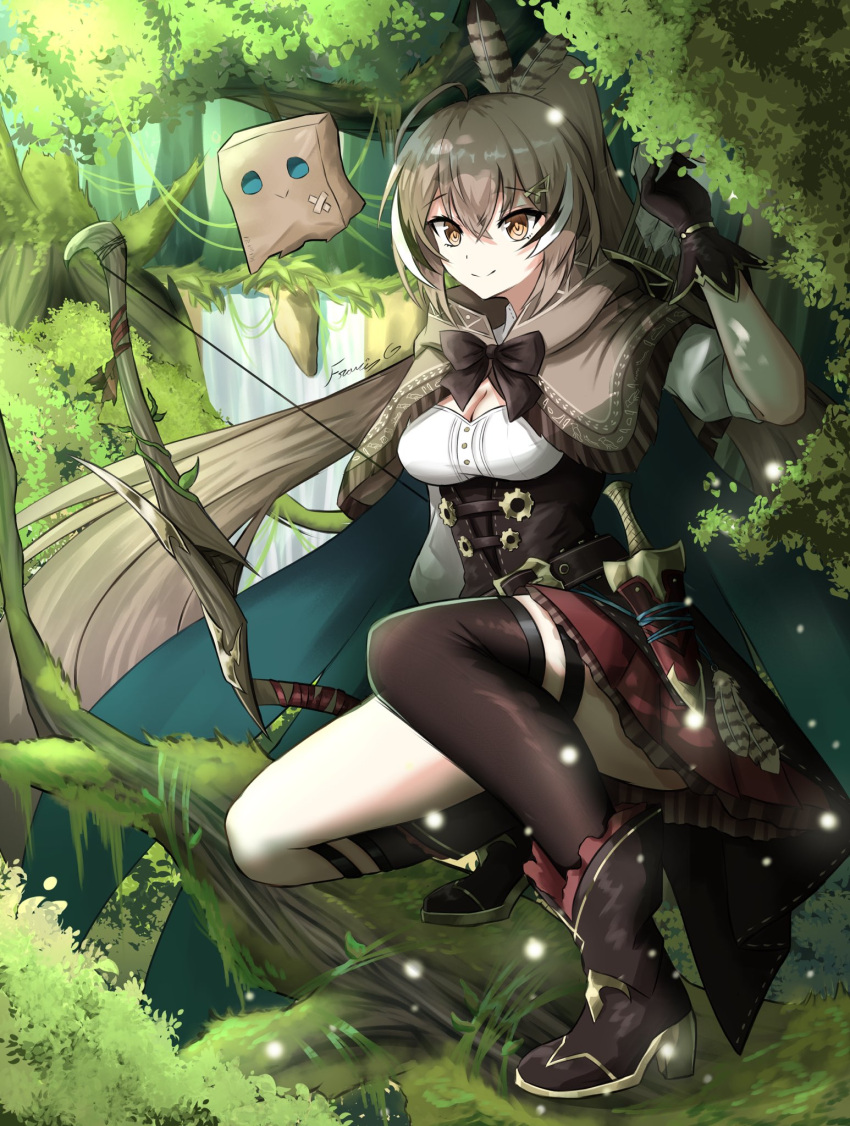 1girl ahoge ankle_boots asymmetrical_legwear bangs belt boots bow_(weapon) brown_capelet brown_cloak brown_corset brown_eyes brown_hair cape capelet cleavage_cutout cloak clothing_cutout corset dagger feather_hair_ornament feathers fgsketch forest friend_(nanashi_mumei) gloves hair_ornament hairclip highres hololive hololive_english knee_strap kneehighs knife long_hair looking_at_viewer multicolored_hair nanashi_mumei nature partially_fingerless_gloves plant pleated_skirt ponytail red_skirt ribbon shirt single_kneehigh single_sock single_thighhigh skirt smile socks streaked_hair thigh-highs thigh_strap tree very_long_hair vines virtual_youtuber water waterfall weapon white_shirt