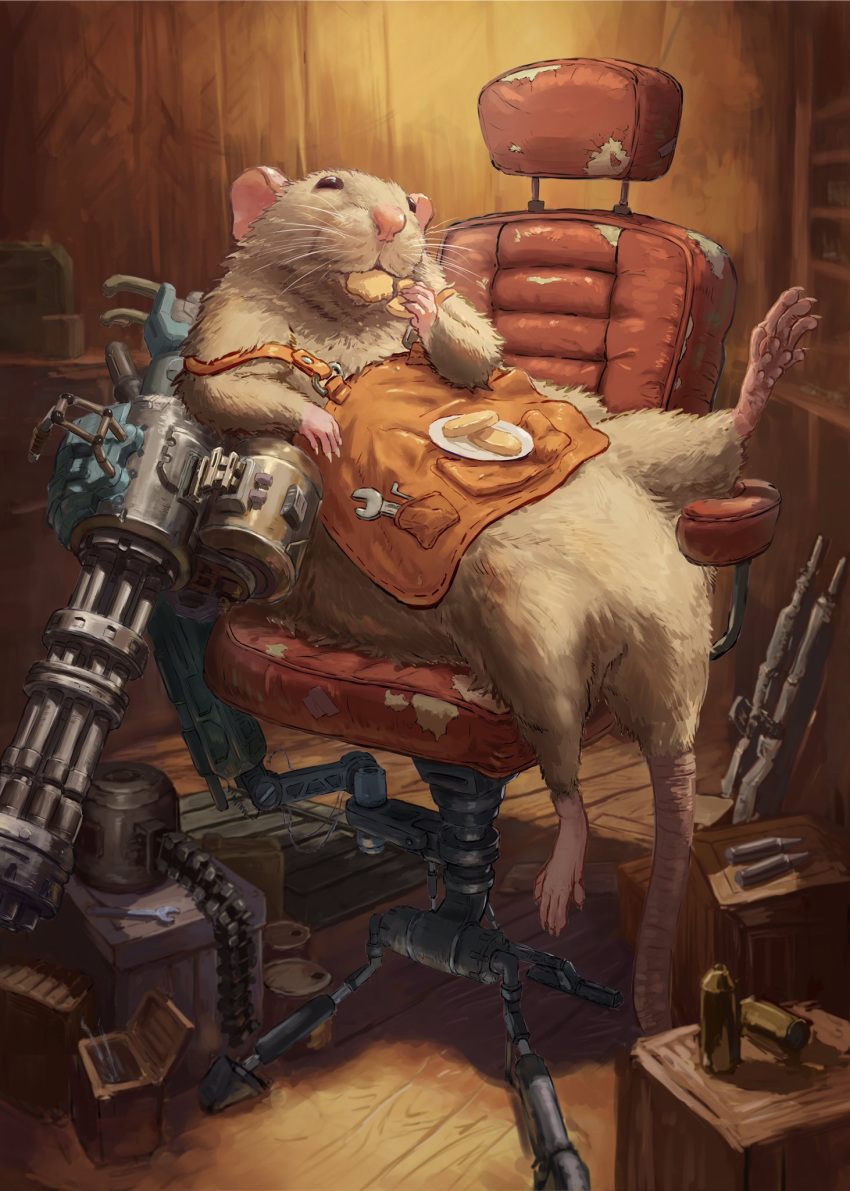 1other chair commentary commentary_request cookie feet_up food gun highres indoors mouse nejumipro no_humans on_chair original plate science_fiction sitting solo swivel_chair weapon wooden_wall wrench