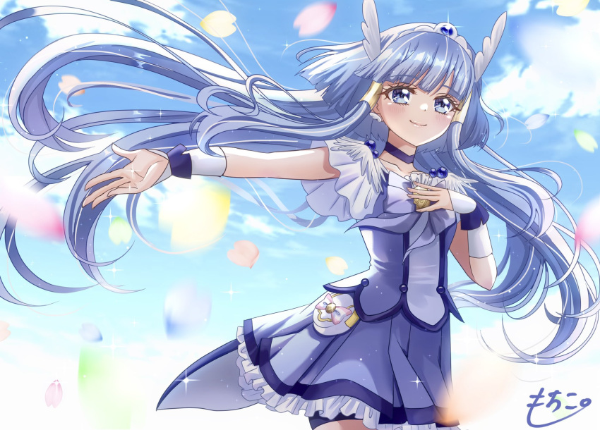 1girl aoki_reika bike_shorts_under_skirt blue_choker blue_eyes blue_hair blue_shirt blue_skirt blue_sky brooch choker clouds cloudy_sky cowboy_shot cure_beauty day hand_on_own_chest head_wings highres jewelry long_hair magical_girl mochico_bb outdoors petals precure shirt short_sleeves signature skirt sky smile_precure! solo tiara wrist_cuffs