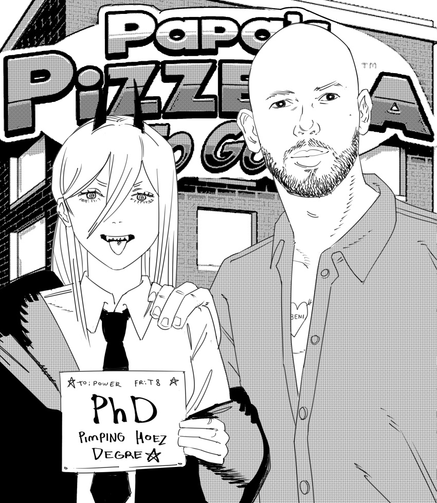 1boy 1girl absurdres andrew_tate bald bangs beard chainsaw_man collarbone collared_shirt crossover english_text facial_hair goatee greyscale hair_behind_ear hair_between_eyes hand_on_another's_shoulder highres holding holding_sign horns jacket long_bangs long_hair looking_at_viewer monochrome necktie off_shoulder power_(chainsaw_man) real_life sharp_teeth shirt sign smile teeth tongue tongue_out upper_teeth_only v-shaped_eyebrows xyanaid