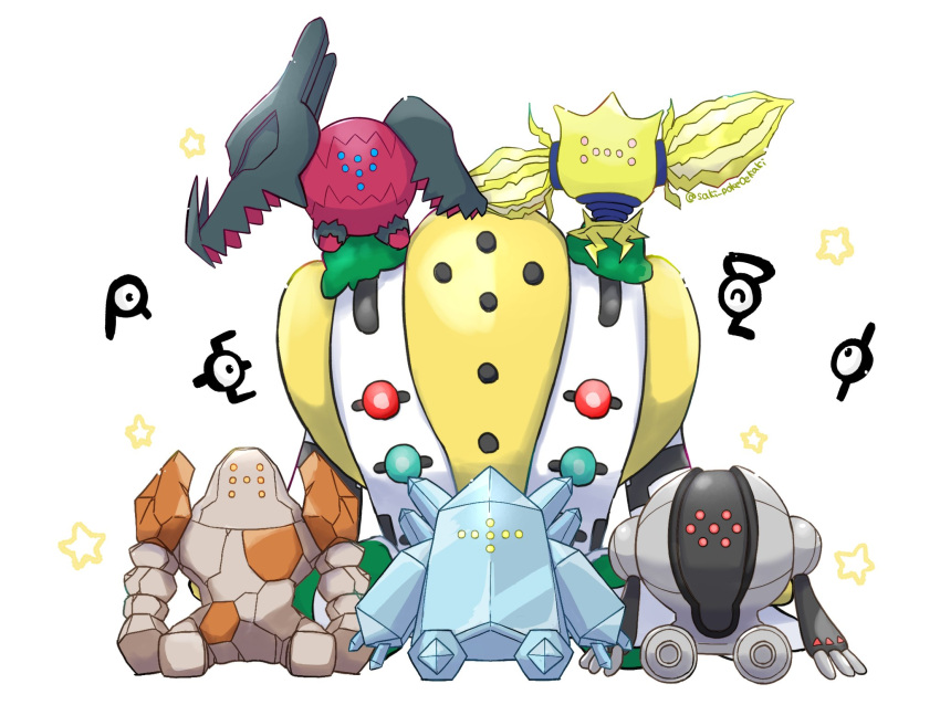 ^_^ artist_name closed_eyes commentary_request extra_eyes highres looking_at_viewer no_humans on_shoulder one-eyed pokemon pokemon_(creature) regice regidrago regieleki regigigas regirock registeel saki_pokeoekaki simple_background sitting sitting_on_shoulder twitter_username unown unown_e unown_g unown_i unown_r unownglyphics white_background