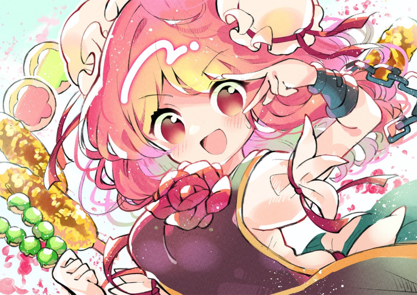 1girl :d brown_tabard bun_cover chain commentary_request cuffs double_bun flower food green_skirt hair_bun holding holding_food ibaraki_kasen long_hair looking_at_viewer mikako_chan3 open_mouth pink_flower pink_hair pink_rose puffy_short_sleeves puffy_sleeves red_eyes red_flower red_rose rose shirt short_sleeves skewer skirt smile solo tabard touhou upper_body v_over_eye white_shirt