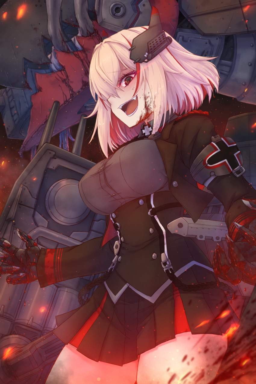 1girl :d azur_lane black_corset black_skirt blonde_hair blood blood_in_hair blood_on_clothes blood_on_face blood_on_hands blood_stain breasts buttons collared_shirt corset cowboy_shot crazy_eyes crazy_smile cropped_jacket cross double-breasted from_side hair_between_eyes hands_up headgear highres iron_cross jacket large_breasts long_sleeves looking_at_viewer medium_hair miniskirt multicolored_hair open_clothes open_jacket outstretched_arms pleated_skirt redhead roon_(azur_lane) shirt skirt smile solo streaked_hair thighs two-tone_hair two-tone_skirt waa!_okami yellow_eyes