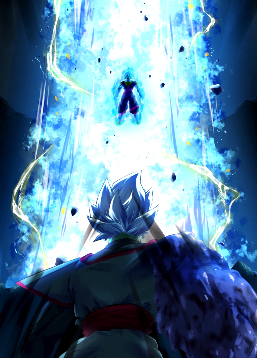 2boys absurdres aura blue_hair boots clenched_hands commentary_request dragon_ball dragon_ball_super earrings floating fused_zamasu gloves highres jewelry male_focus multiple_boys muscular muscular_male papita_pochi potara_earrings super_saiyan super_saiyan_blue vegetto white_footwear white_gloves white_hair