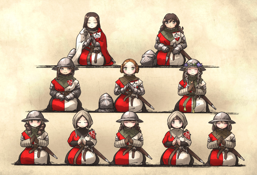 6+girls armor belt braid brown_hair cape chunky_sister_(ironlily) flora_sister_(ironlily) front_braid_sister_(ironlily) front_twin_braids_sister_(ironlily) gambeson gloves habit helmet highres human_pyramid ironlily kettle_helm lady_lucerne_(ironlily) long_hair medieval mid_neutral_sister_(ironlily) multiple_girls ordo_mediare_sisters_(ironlily) own_hands_clasped own_hands_together sheath short_hair_sister_(ironlily) single_braid_sister_(ironlily) sister-at-arms_(ironlily) stacking sword twin_braids_sister_(ironlily) weapon