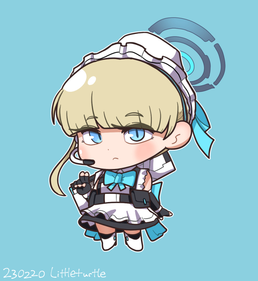 1girl apron artist_name assault_rifle back_bow bangs black_dress black_gloves blonde_hair blue_archive blue_bow blue_bowtie blue_eyes blue_ribbon blunt_bangs boots bow bowtie bun_cover chest_harness chibi closed_mouth commentary_request dated dot_nose dress elbow_gloves fingerless_gloves frilled_apron frills frown full_body gloves gun gun_on_back h&amp;k_g11 hair_bun hair_ribbon halo hand_up harness high_heel_boots high_heels korean_commentary light_blue_background light_blush littleturtle looking_at_viewer maid maid_apron maid_headdress mechanical_halo microphone ribbon rifle short_eyebrows short_hair simple_background single_hair_bun slit_pupils solo standing straight_hair tactical_clothes tactical_maid toki_(blue_archive) v weapon weapon_on_back white_apron white_footwear