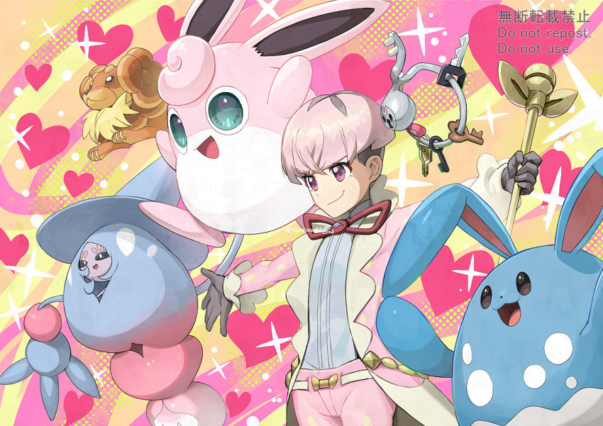 1boy azumarill bangs closed_mouth coat commentary_request dachsbun gloves grey_gloves grey_shirt hatterene heart holding klefki male_focus neck_ribbon open_clothes open_coat ortega_(pokemon) outstretched_arms pants pink_coat pink_hair pink_pants pokemon pokemon_(creature) pokemon_(game) pokemon_sv red_ribbon ribbon shirt short_hair smile team_star violet_eyes watermark wigglytuff yamanashi_taiki